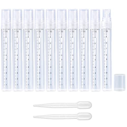 Apstaqeoo 10Pcs, 10Ml Empty Glass Spray Bottles with Scale - Clear Mini Sample Perfume Atomizer Vial Travel Bottles Set with Fine Mist Sprayer & Clear Dust Cap Perfect for Fragrance, Essential Oils