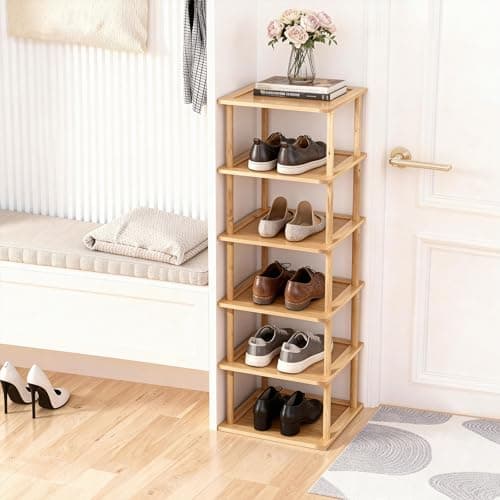 Aniston 6 Tier Vertical Small Shoe Rack Bamboo,Free Standing Slim Narrow Shoe Storage,Shoe Shelf Organiser for Garage Closet Doorway Garage Living Room Space Saving (6 Tier)