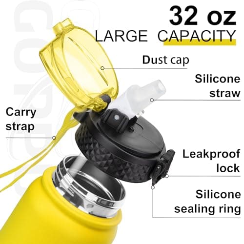 GOPPUS 1L/32oz Stainless Water Bottle with Straw Double Wall Insulated Bottles with Strap Reusable Vacuum Thermal Flask Leakproof Keep Cold Drinks Bottles with Flip Top Lid BPA Free (Yellow) — view 3