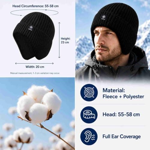 Beanie Hat, Fleece-Lined Rib-Knit, Ear Coverage, Navy, 1-Pack, 50–58 cm — view 3