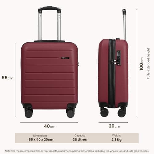 Rocklands® Lightweight 4 Wheel Hard Shell Luggage Suitcase Rynair Cabin Travel Bag 55x40x20cm - ABS822 (Maroon) — view 6