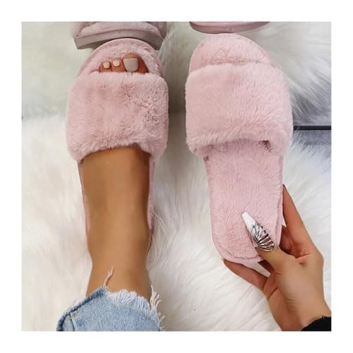 MTKSFDC Open Toe Slippers Women Winter Women Winter House Slippers Non-Slip Casual Indoor Flats Floor Shoes Ladies Flip Flops Warm Shoes Solid Colors Ladies Slider Slippers(Burgundy,38-39) — view 2