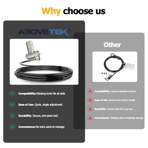 AboveTEK 3-in-1 Universal Laptop Cable Lock - Professional Laptop Security Combination Lock Compatible with K-Slot, Nano & Wedge Slot - Resettable 4-Digit Steel Locking Cable with 360° Rotating Head — view 6