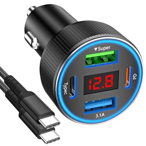 Car Charger Adapter with USB C Cable, 78W 4 Port Cigarette Lighter USB Charger Fast Charging Dual USB C Car USB Charger Adapter for iPhone 16 15 14 13 12, iPad, Samsung Glaxy, Android