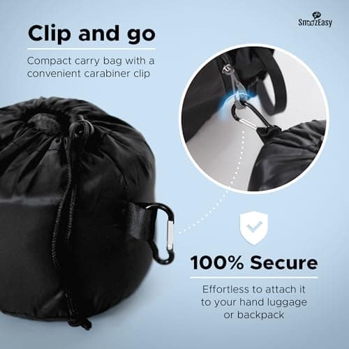 SnoozEasy™ Travel Pillow for Adults | High-Density Memory Foam Neck Pillow for Airplane | Adjustable Flight Travel Cushion with Eye Mask, Ear Plugs, Carry Bag & Carabiner Clip | UK Brand — view 4