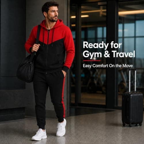 MH Home Men’s Premium Fleece Tracksuit Set Zip Hoodie & Jogger Bottoms Comfortable, Warm & Stylish Loungewear Set for Casual Wear, Gym, Travel (UK, Alpha, XL, Plus, Regular, Red/Black) — view 2