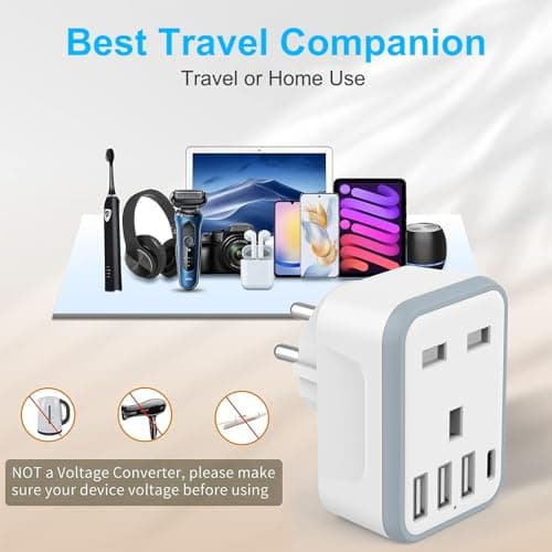 Loydia European Travel Adapter, 5 in 1 EU Plug Adapter with 4 USB Ports, UK to EU Euro Europe Travel Adaptor, Type E/F Schuko Grounded Euro Plug Adapter for Germany France Spain Turkey Portugal Poland — view 5