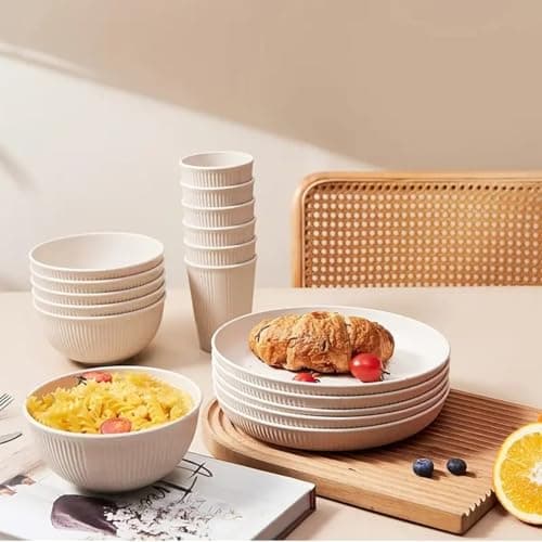 Camping Plates, Unbreakable Dinner Sets for 6, 18 Pcs Plastic Picnic Set for Party, Home & Picnic, Lightweight Microwave & Dishwasher Safe Camping Cutlery for (Beige White) — view 2