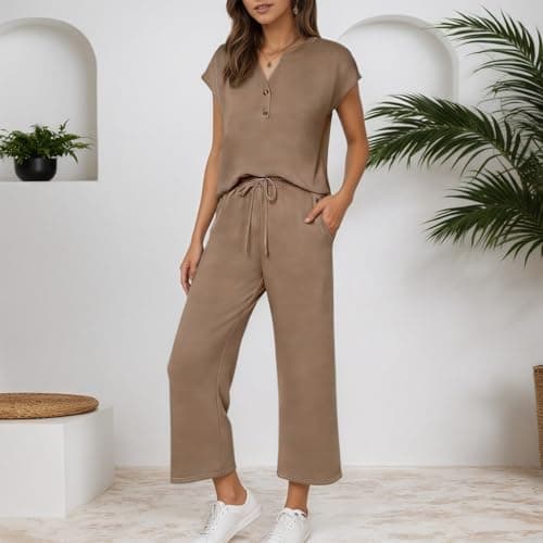 Women's 2 Piece Sets for Women Going Out Navy Pink Grey Summer Lounge Travel Outfits Sleeveless Blouse and Wide Leg Pants Airport Casual Trendy Sweatsuits Size 8 10 12 14 16 18 20 22 24 26 28 30 32 — view 2