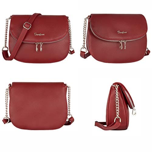 David Jones - Women's Small Crossbody Bag - Ladies Chain Shoulder Bag PU Leather - Zipper Flap Messenger Bag Multiple Pocket - City Casual Saddle Handbag - Work Travel Phone Clutch Purse Burgundy Red — view 4