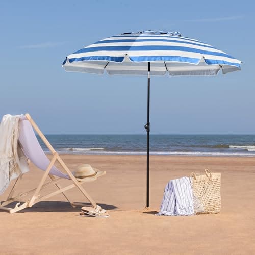 CHRISTOW Portable Beach Parasol with Bag, 2m, Blue & White Stripes — view 2