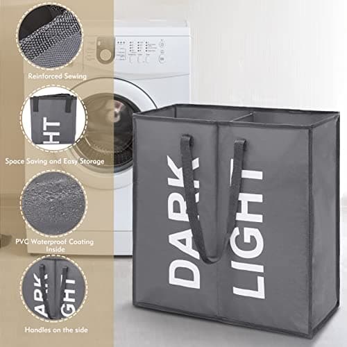 Maxsilan 80L Laundry Basket with 2 Sections, Collapsible Clothes Bag, Grey — view 6