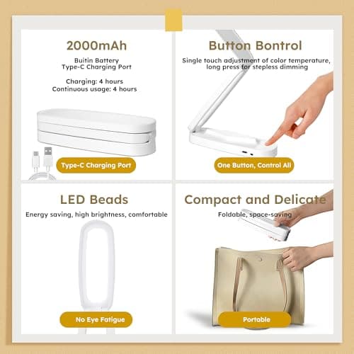 Overcomo Small LED Rechargeable Portable Foldable Cordless Desk Table Lamp — view 6