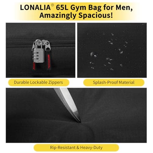 LONALIA 65L Travel Duffle Bag for Men - 24 inch Large Sports Holdall Bag for Overnight Football Weekend (Black) — view 4