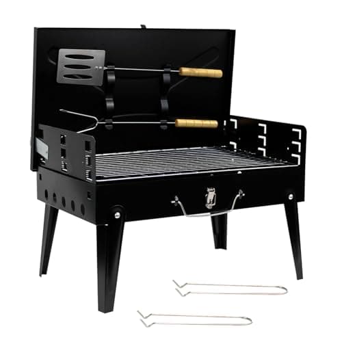 Crystals Portable Charcoal BBQ Grill, Foldable Stainless Steel Camping Barbecue with Tool Set, Small Travel Mini BBQ for Garden, Picnic & Outdoor Cooking, Black