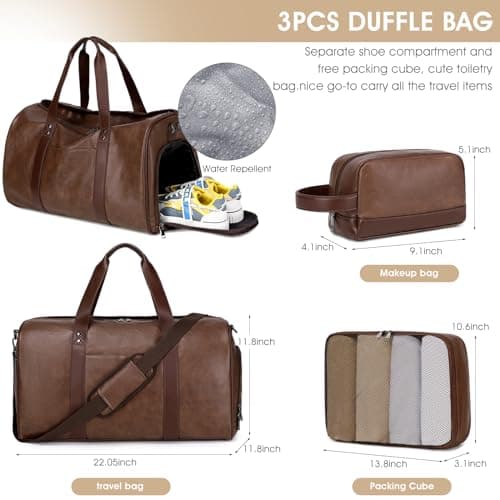 3PCS Faux Leather Weekender Bag for Women Men Travel Bag Overnight Bags — view 6