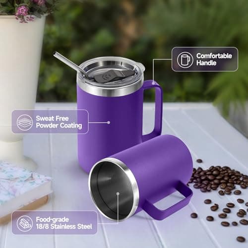 Volhoply 470ml (16oz) Insulated Coffee Mug with Lid and Straw, Stainless Steel Travel Mugs with Handle, Double Wall Vacuum Leak Proof Coffee Tumbler Cup (Purple,1) — view 4