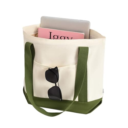 Augbunny Canvas Large Capacity Color Block Zipper Pocket Reusable Shopping Grocery Multi-Purpose Beach Tote Bag — view 3