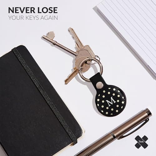 Tirita Personalised Case Keyring Holder Compatible with Apple AirTag 1 & 2 - Leather Case with Key Ring for Apple Air Tag [23- Polka Dots Name on Black] — view 2