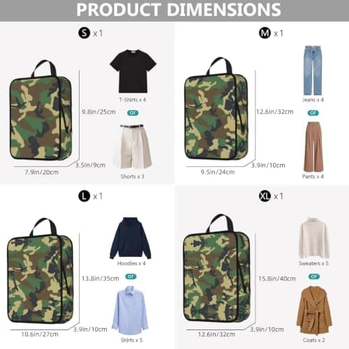 Green Military Camo Print Compression Packing Cubes 4-Piece Set With Multi- Compartment Travel Bag, Waterproof Suitcase Organiser Bags — view 3