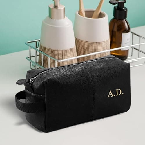 Personalised Wash Bag Embroidered Faux Leather Wash Bag Mens Toiletry Bag - Black WashBag Men Vegan Leather Toilet Bag Initials Travel Gift — view 5