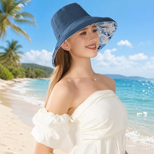 Wide Brim Women Sun Hat Summer Beach Bucket Fishing Hats Metal Wired Edge Packable UV Protection for Hiking Garden Travel, M2835-navy, One Size — view 6