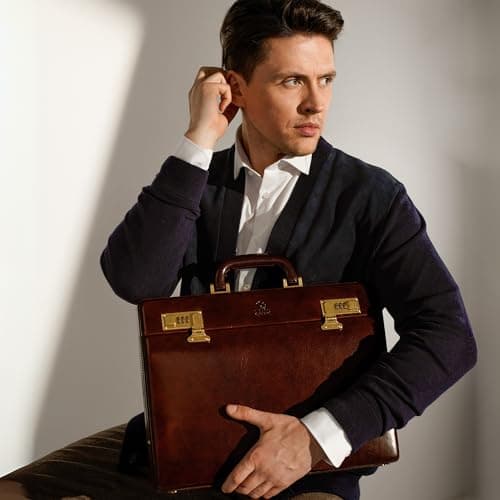 Time Resistance Leather Attache Case - Full Grain Italian Leather Briefcase - Laptop Bag up to 15” - Hard Case with Lock — view 3