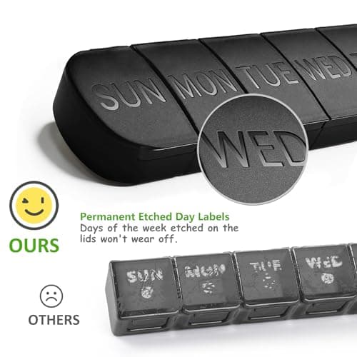 Portable Weekly Pill Box Organiser, 7 Day Travel Pill Case with Push Button Pop Open Lids Design, Black Weekly Tablet Pill Organiser for Vitamins, Supplements & Medicine Mark Curve — view 6
