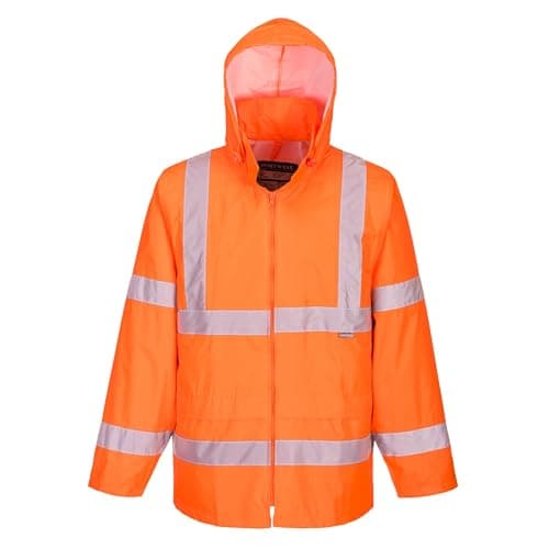 Portwest UH440 Mens Hi Vis Rain Jacket Waterproof Lightweight Reflective Safety Workwear Packable Hooded Vented Back Construction Roadwork Highway Rail, Orange, M