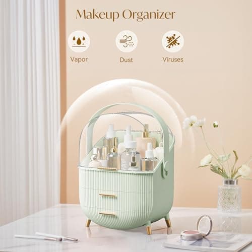 SIOOUI Makeup Organizer for Vanity, Portable Waterproof Dustproof Bathroom Organizer and Storage with Lid, Cosmetic Display Case Skincare Organizers (Mint Green) — view 3