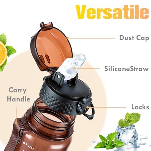 GOPPUS 500ml/17oz Kids Water Bottles with Straw Tritan Childrens Bottle with Flip Top Lid BPA Free Measured Drinks Bottle with Strap Sports Reusable Time Markings Leakproof (Transparent Brown) — view 4