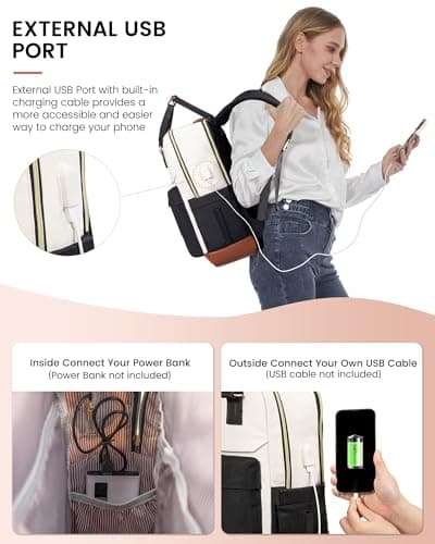 LOVEVOOK Backpack Womens, 15.6 Inch Laptop School Bag, Waterproof Work Travel Rucksack with USB Port, Anti Theft Ladies Computer Back Pack for College Uni Office Business, Beige Black — view 6