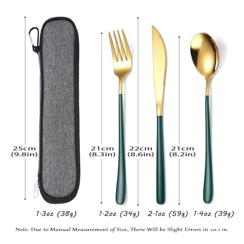 AARAINBOW Stainless Steel Silverware Set for 1, Reusable Knife Fork Spoon Set with Case, 3 Pcs Flatware Set for Travel Work, Lunchbox Cutlery Set (Green Gold) — view 2