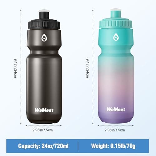 WEMEET Lightweight Bike Water Bottle 700ml, BPA Free, Cycling Squeeze Bottle, Leak Proof Sport Water Bottle with Capacity Scale, for Cycling, Gym (Black & Green Pink Purple, 2 Pack) — view 4