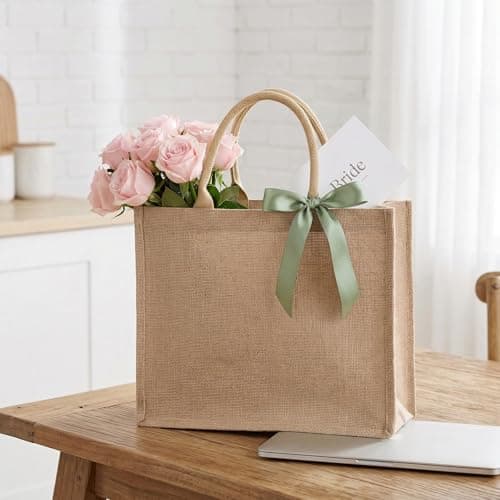 DEAYOU 6 Pack Large Jute Burlap Tote Bag, Jute Beach Bag with Laminated Interior, Burlap Gift Tote with Handle, Reusable Lined Market Grocery Shopping Bag for DIY, Wedding,15.4''x12.2''x5.9'' — view 2