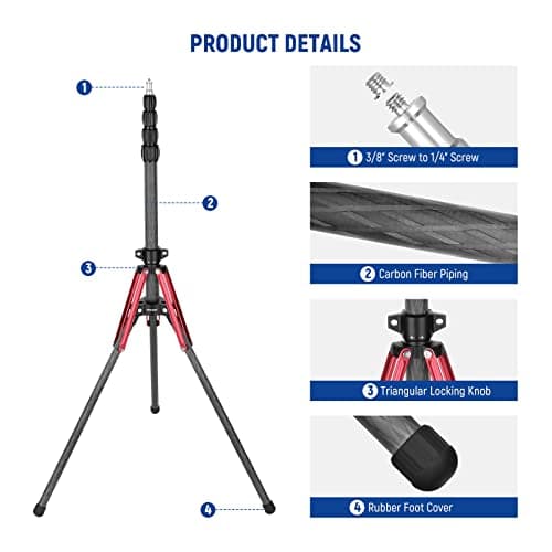 NEEWER Light Stand Carbon Fiber with 180° Reversible Legs, 1/4" to 3/8" Screw Adapter and Bag, 86.5"/220cm Portable Travel Tripod Stand for Outdoor Photography Speedlite Strobe Softbox, ST210R — view 3