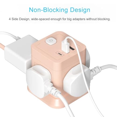 Cube Extension Lead with USB Slots, BEVA 4 Way Multi Plug Power Strip with 3 USB Ports, 3M Desktop Power Extension Socket Extension Cords for Home Dorm Office Travel-Pink — view 4