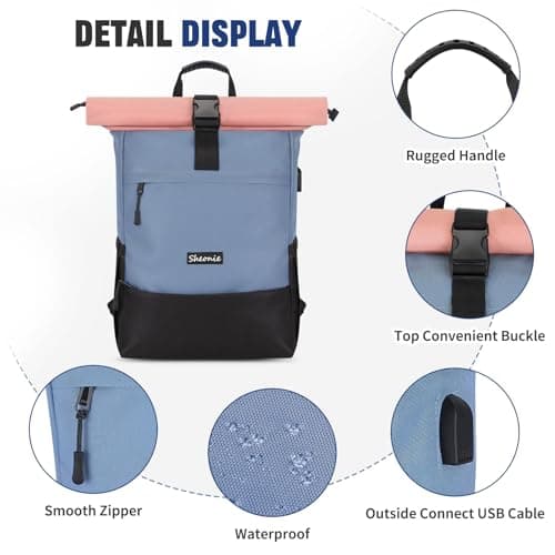 Sheonie Roll Top Backpack for Men Women, Expandable Laptop Backpack Fits 15.6 Inch with USB Charging Port, Large Water Resistant Rucksack School Bookbag for Travel Work Business Camping (Pink) — view 6