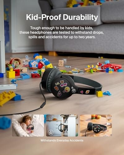 Belkin SoundForm Mini Kids Wired Headphones with USB-C to 3.5mm Dongle, Built-in Mic & Fun Stickers, 85dB Max Volume – for Online Learning, Travel, Compatible with iPhone, iPad, Galaxy, etc - Black — view 5
