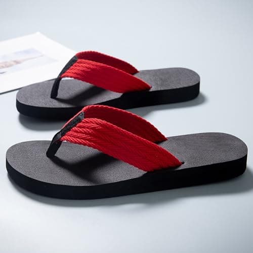 Men's Summer Casual Beach Flip Flops, Non Slip Breathable Sandals with Arch Support for Flat Feet, Clip Toes Big Size Flat Bottom Slippers for Outdoor Walking (Red, 6) — view 3