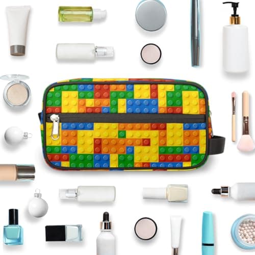 Travel Toiletry Bag for Boys Kids, Colourful Building Blocks Waterproof Hanging Cosmetic Hygiene Bags for Men, Shaving Kit with Large Capacity for Bathroom, Sports, Shower — view 4