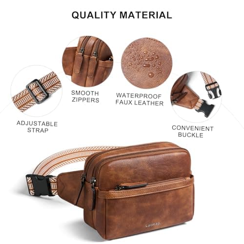LATMAP 3L Fanny Pack Bumbags for Women Men 4-Zipper Pockets Belt Bag Sling Waist Pack Faux Leather Chest Bag Brown — view 5