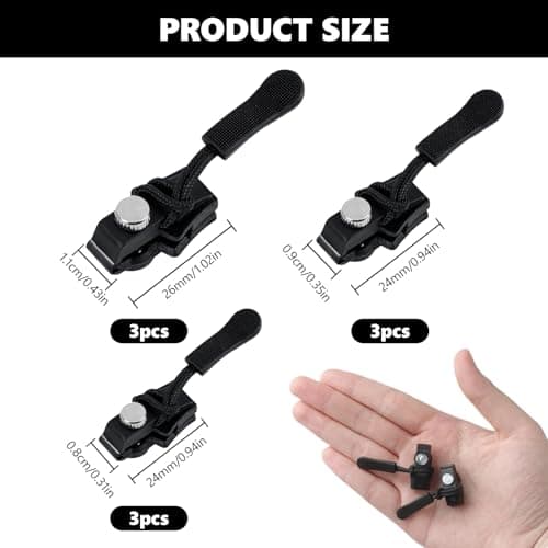 9 Pcs Universal Zipper Repairer, Zipper Repair Replacement Kit, Removable Universal Zip Puller Replacement, 3 Different Size Black Replacements Zippers Slider for Clothes, Jeans, Wallets, Luggage — view 2