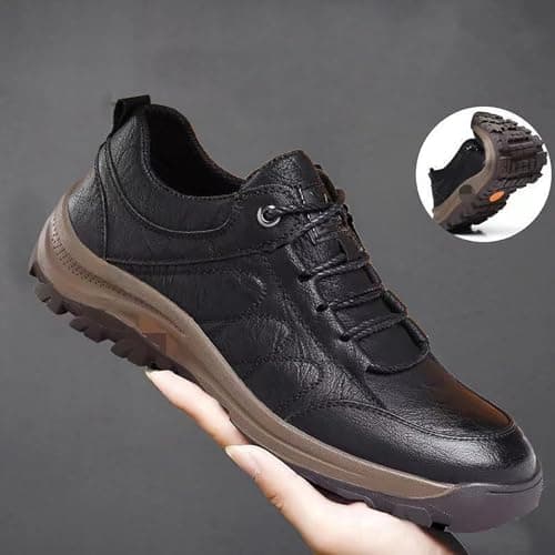Mens Trekking Hiking Boots Leather Lace-up Non-Slip Mountain Climbing Walking Shoes Arch Support Travelling Sneaker Outdoor Stable & Cushioned Trainers Backpacking Camping Footwear (Black, 9) — view 4