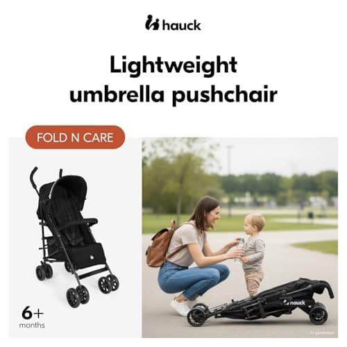 Hauck Fold N Care, Black - Lightweight Umbrella Pushchair with Raincover from 6 Months to 22 kg, Lie Flat, Compact Fold, Sun Canopy UPF 50+, EVA Wheels, Large Basket, Travel Stroller — view 2