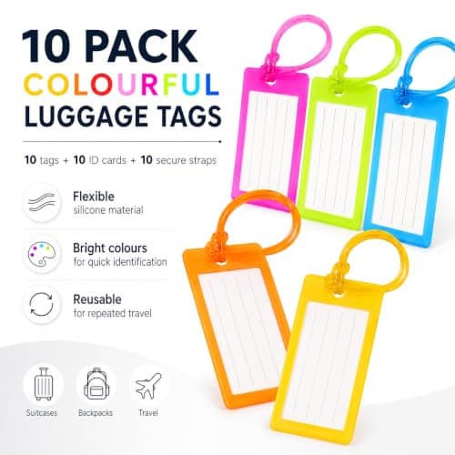 Luggage Tags 10 Pack, Flexible Travel Bag Tags with ID Name Cards and Secure Straps, Colourful Baggage Labels for Suitcase Backpack Hand Luggage Backpacks 10 Colors (10pcs) — view 4