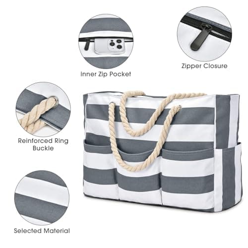 oscaurt Extra Large Beach Tote Bag with Zip and Rope Waterproof Handbags for Women 7 Pockets Shoulder Gym Bag Summer Holiday Essentials Gifts for Women Picnics Short Trips Study Saunas — view 5