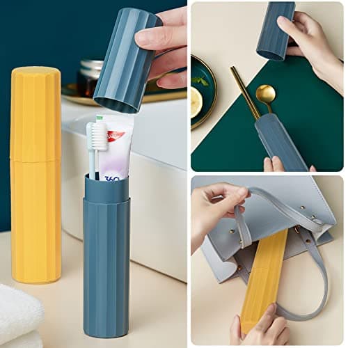 2 Pcs Travel Toothbrush Case, Portable Toothbrush Holder Travel with Cover, Waterproof Toothbrush Travel Case for Home, School, Camping, Business Trip (Blue & Yellow) — view 5