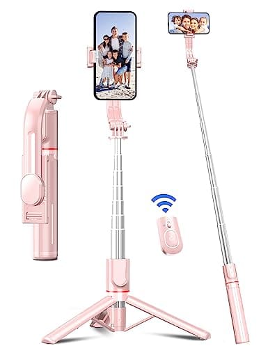 41'' Phone for Tripod, Selfie Stick Tripod Stand with Wireless Remote Extendable Aluminum Cell Phone Tripod Stand 360°Rotate Lightweight & Portable Tripod Compatible with iphone/Android (Pink)