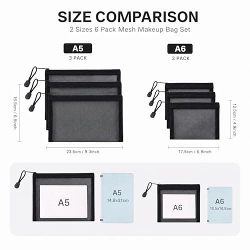 6 Pack Mesh Cosmetic Pouches with Zip, 3 A5 & 3 A6 Makeup Bags — view 3